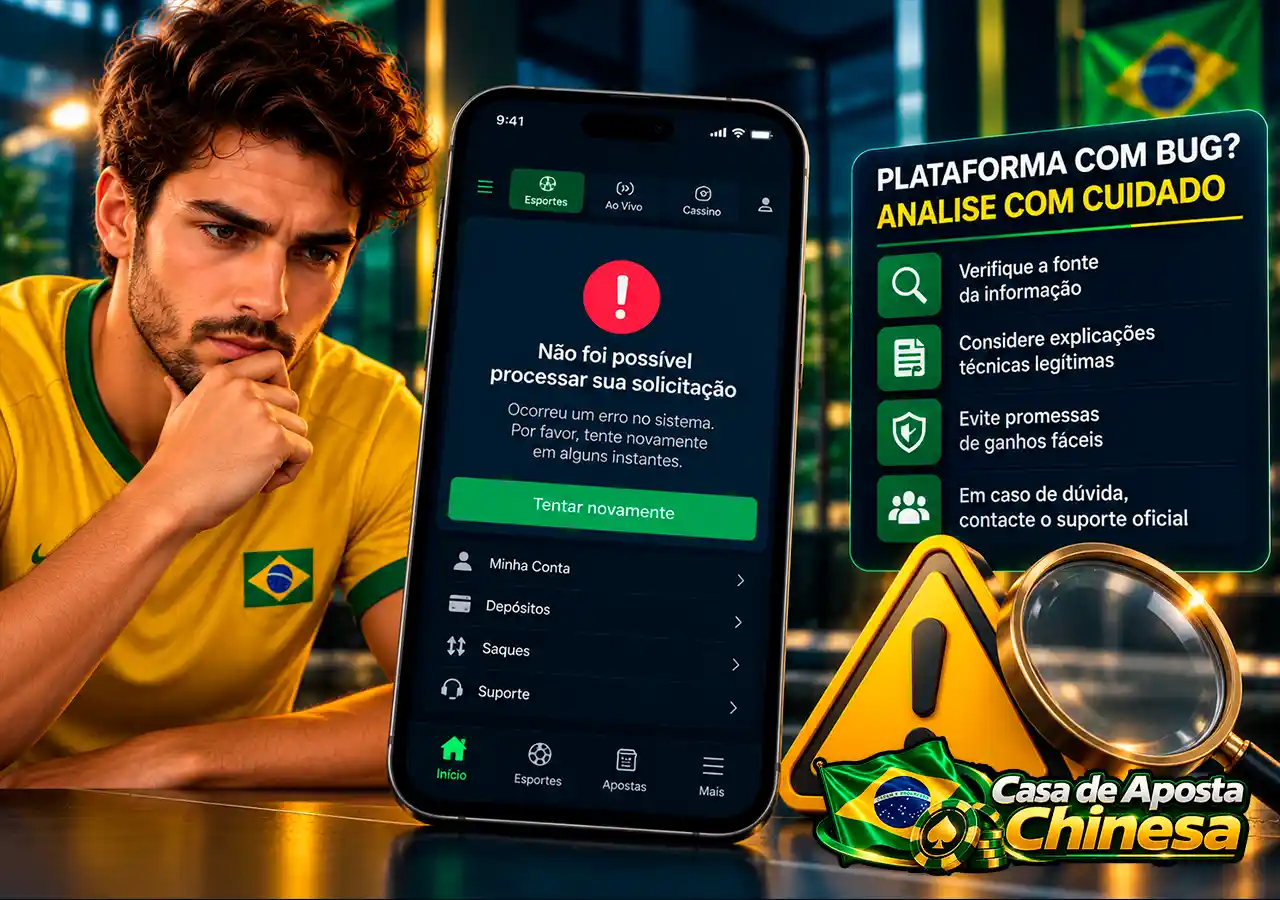 Plataforma de aposta com erro, alerta e lupa para analisar alegações de “plataforma bugada”.