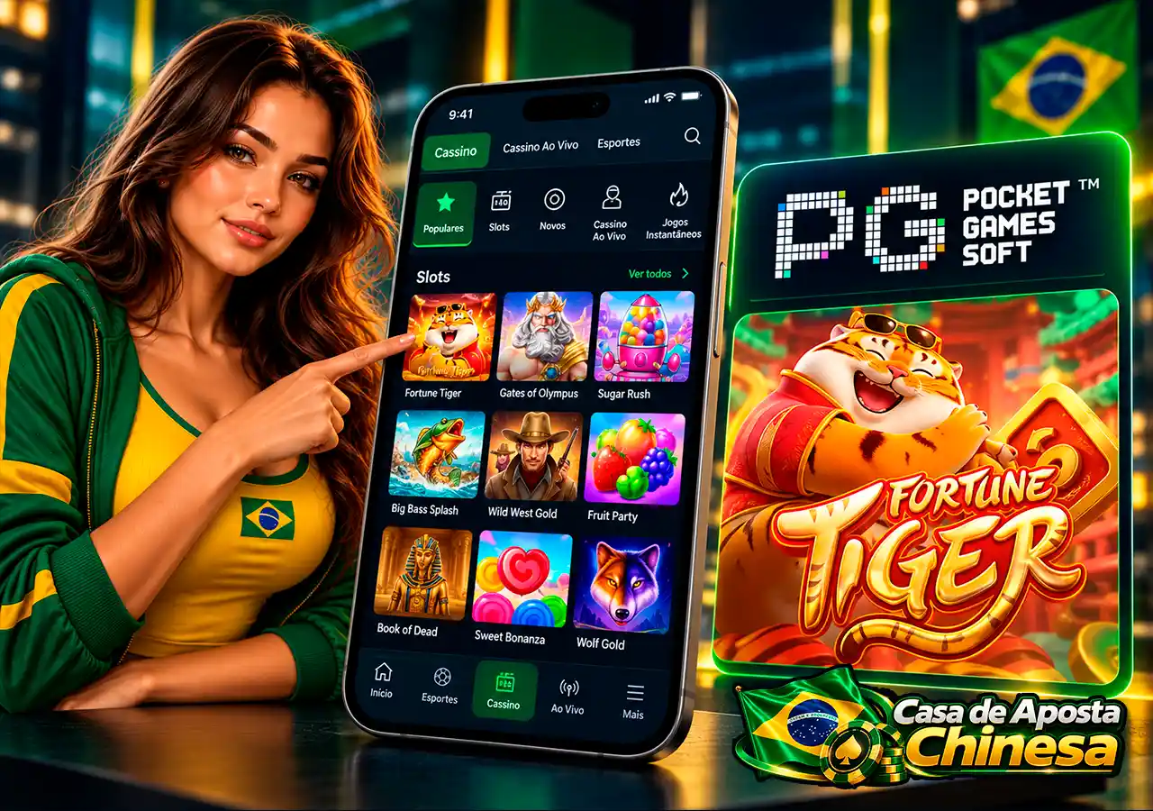 Lobby de slots no celular com PG Soft e referência ao Fortune Tiger para o Brasil.